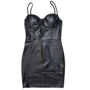 Shinestar Black Faux Leather Bustier Mini Dress with Adjustable Straps